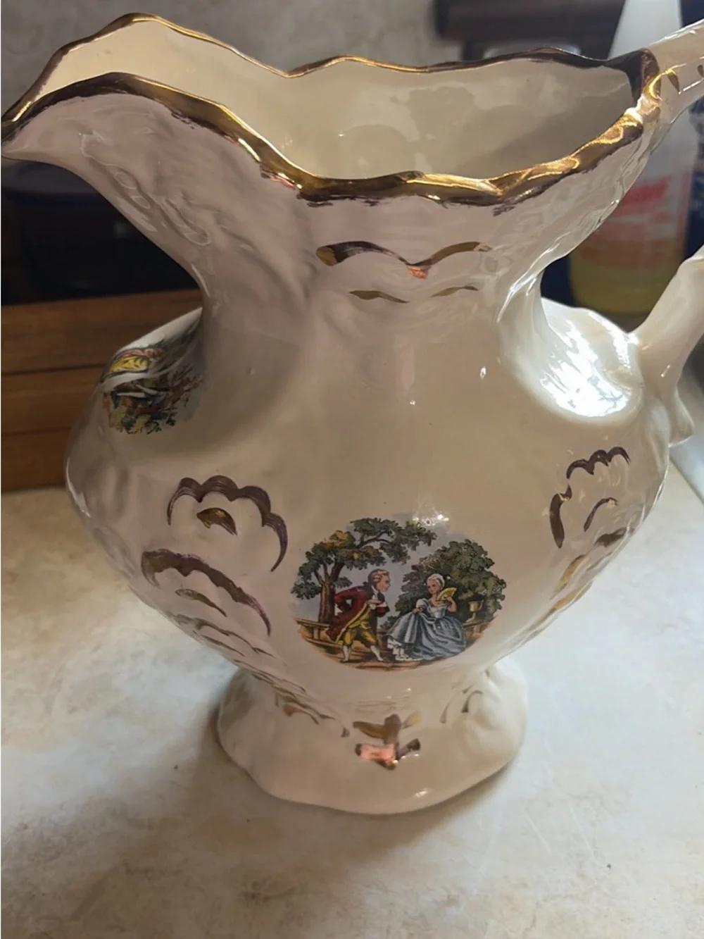 Cream Ceramic Pitcher and Basin Set with Gold Trim and Scenic Decal